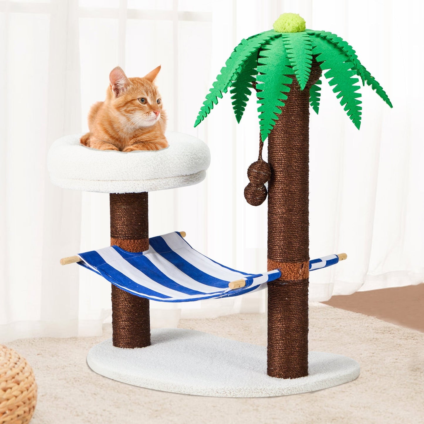 EROMMY Coconut Island Cat Tree with Nest and Hammock, 30" Cat Climbing Shelf, with Scratching Post, Dark