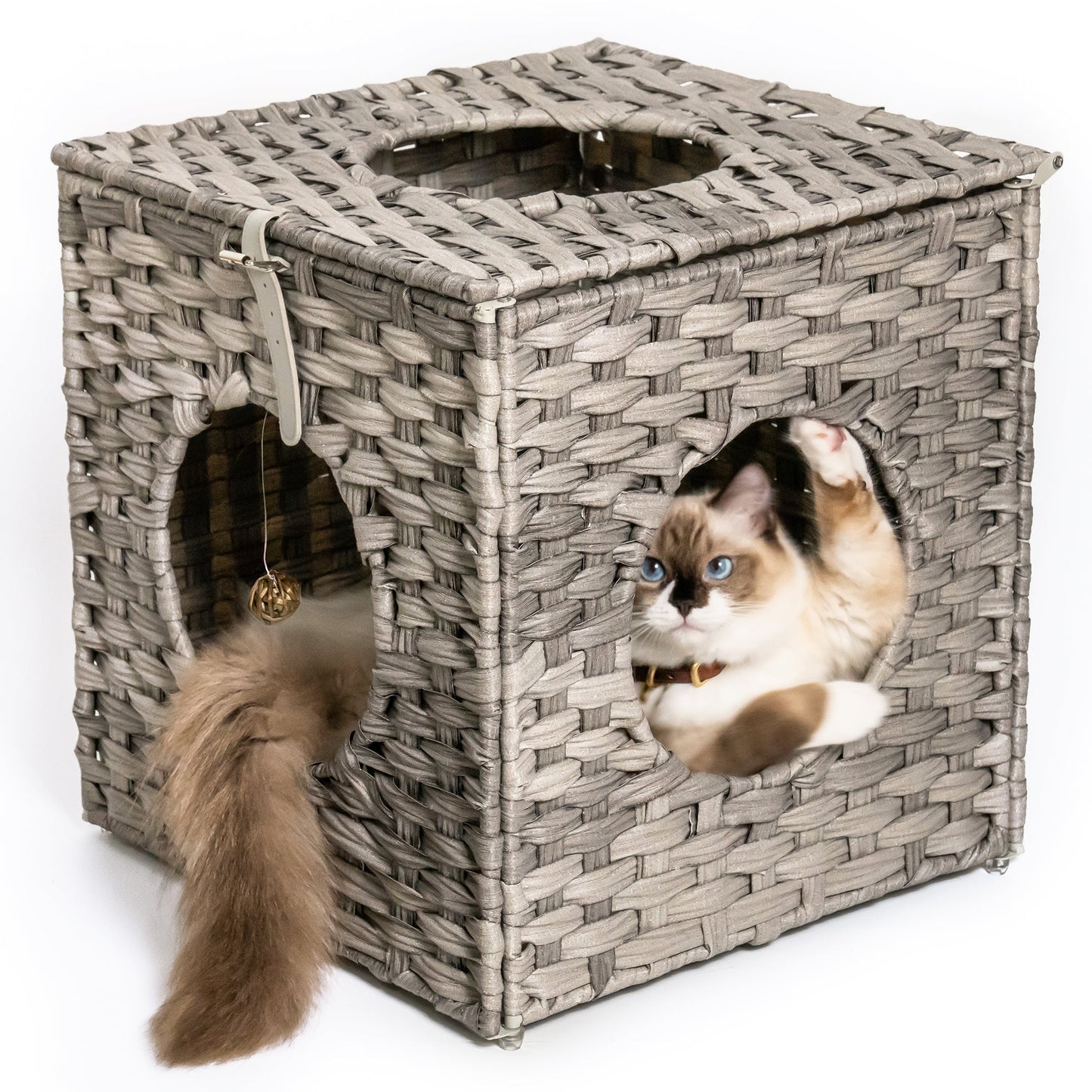 Rattan Cat Litter Bed 3 Holes with Rattan Ball and Cushion Grey