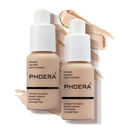 PHOERA Foundation Makeup Naturally Liquid Foundation Full Coverage Mattle Oil-Control Concealer 8 Colors Optional,Great Choice For Gift (2pcs,#102 Nude)