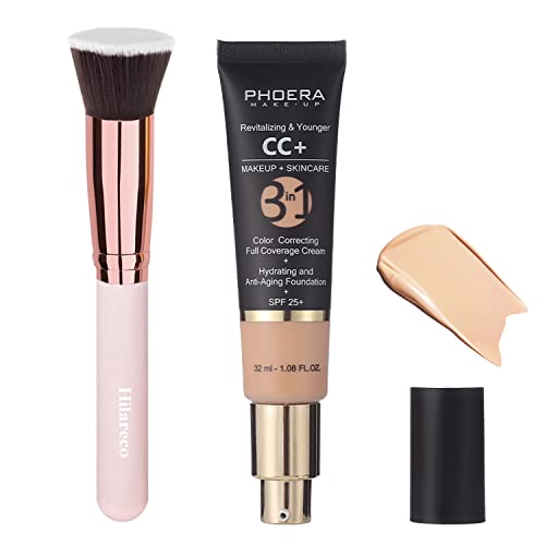 PHOERA CC+ Cream,Full Coverage Foundation,Color Correcting Cream,Anti Aging Hydrating Serum & SPF 25+ Sunscreen - Natural Finish - 1.08 fl oz (120 Nude)