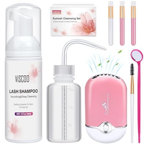 VISCOO Eyelash Shampoo for Eyelash Extension Kit, Eyelash Extension Cleanser with USB Lash Fan 150ml Wash Bottle 60ml Clean Mousse Mascara Brush Cleansing Brushes, Lash Shampoo for Salon and Home Use