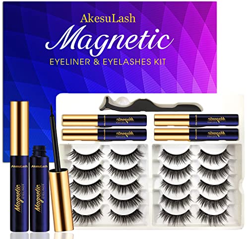 AkesuLash Magnetic Eyelashes - 10 Pairs 3D Medium Magnetic Lashes with Eyeliner Kit,Cruelty-Free & Vegan,Upgraded,Natural Look,Long Lasting,Reusable,With Applicator - Easy to Apply (4 Tube of Liner)