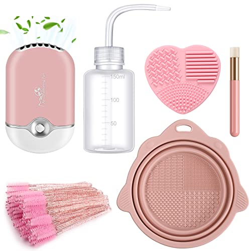 Sakolla Eyelash Fan Kit USB Mini Portable Lash Dryer 50 Lash Brushes 1 Lash Shampoo Brush 1 Plastic Wash Bottle for Eyelash Extension with 2 pcs Silicone Brush Cleanser Pad and Bowl Washing Tool