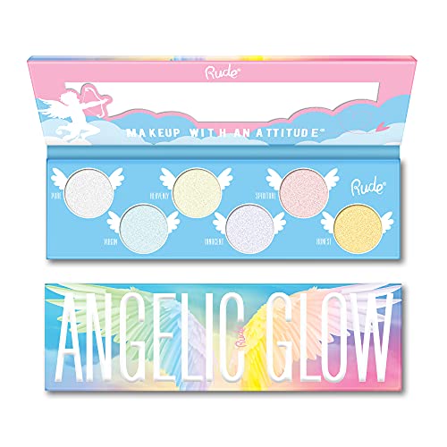 Rude Cosmetics | Angelic Glow Highlighter and Eyeshadow Palette | Highlighter Makeup and Shimmer Eyeshadow Makeup Palette | 6 Angelic-Like Makeup Pigments with Mirror
