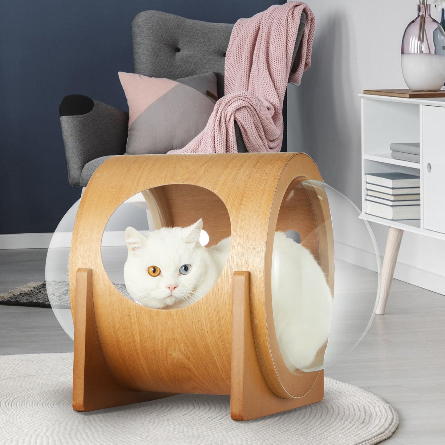 EROMMY Wooden Cat Bed Capsule, Large Transparent Capsule Indoor Cat House