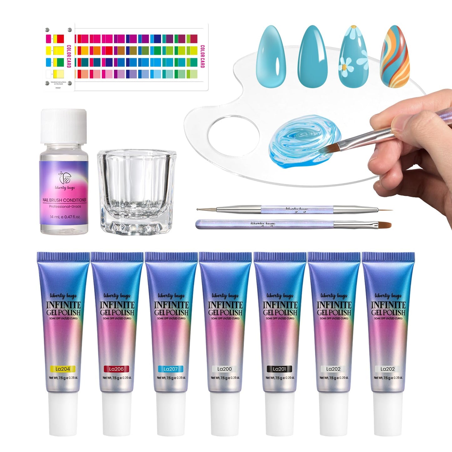 Infinite Gel Polish,Gel Nail Polish Color Mixing,7 Tubes of Nail Polish Gel,Cyan Magenta Yellow Black White Clear,Able to Mix out Jelly Gel Polish Colors with 2 Nail Brushes,UV Cured,Easter Day Nails