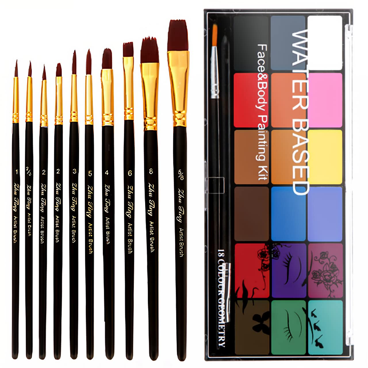 BRIMFULITE Face Painting Kit Non-toxic Body Paint Washable 18 Colors Facepaint Makeup Kit for kids Adults with 10 Face Paint Brushes for Halloween Kids Party Cosplay Makeup (Color 001)
