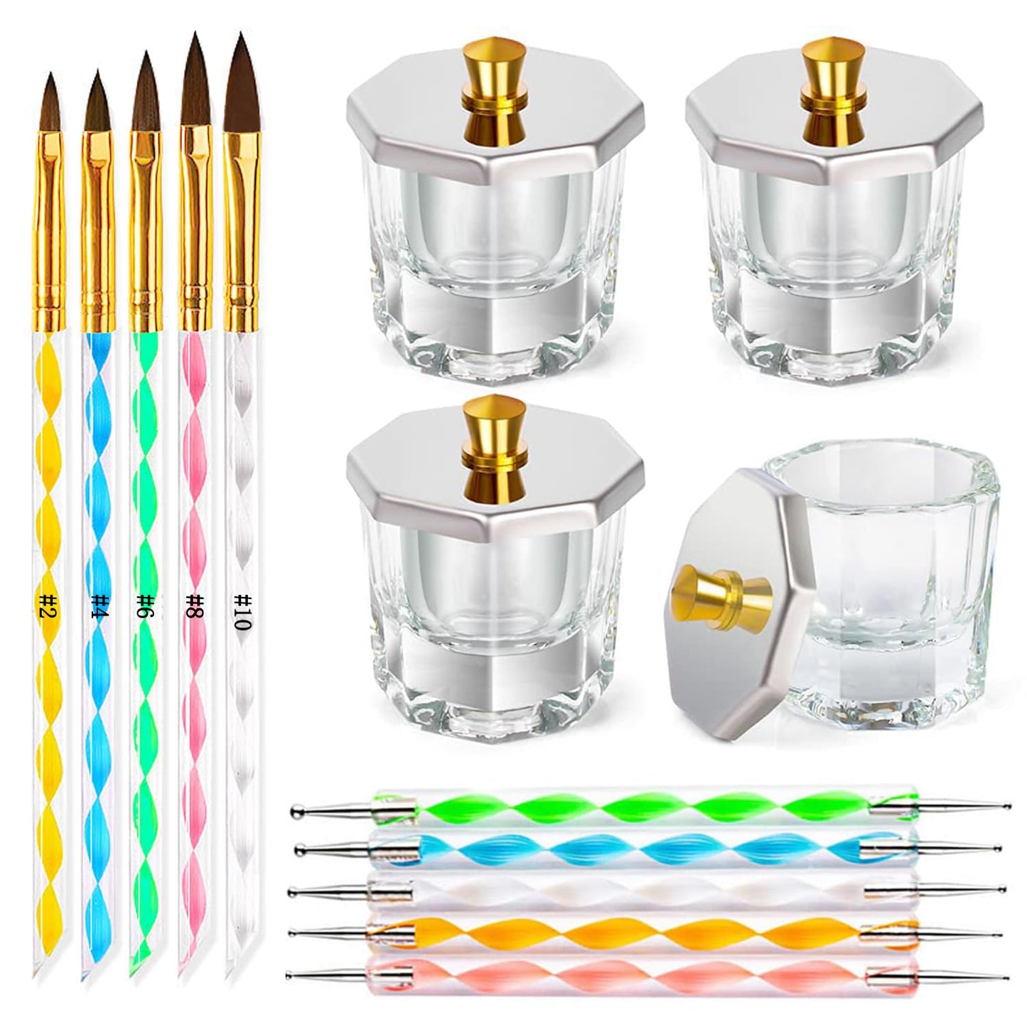 18Pcs Dappen Dish Cups Nail Art Brushes Kit, Acrylic Nail Brush Nail Dotting Pens Clear Glass Nail Monomer Liquid Bowl Nail Cup Glass Jar for Nail Art Acrylic Liquid Powder,Home Use and Nail Salon