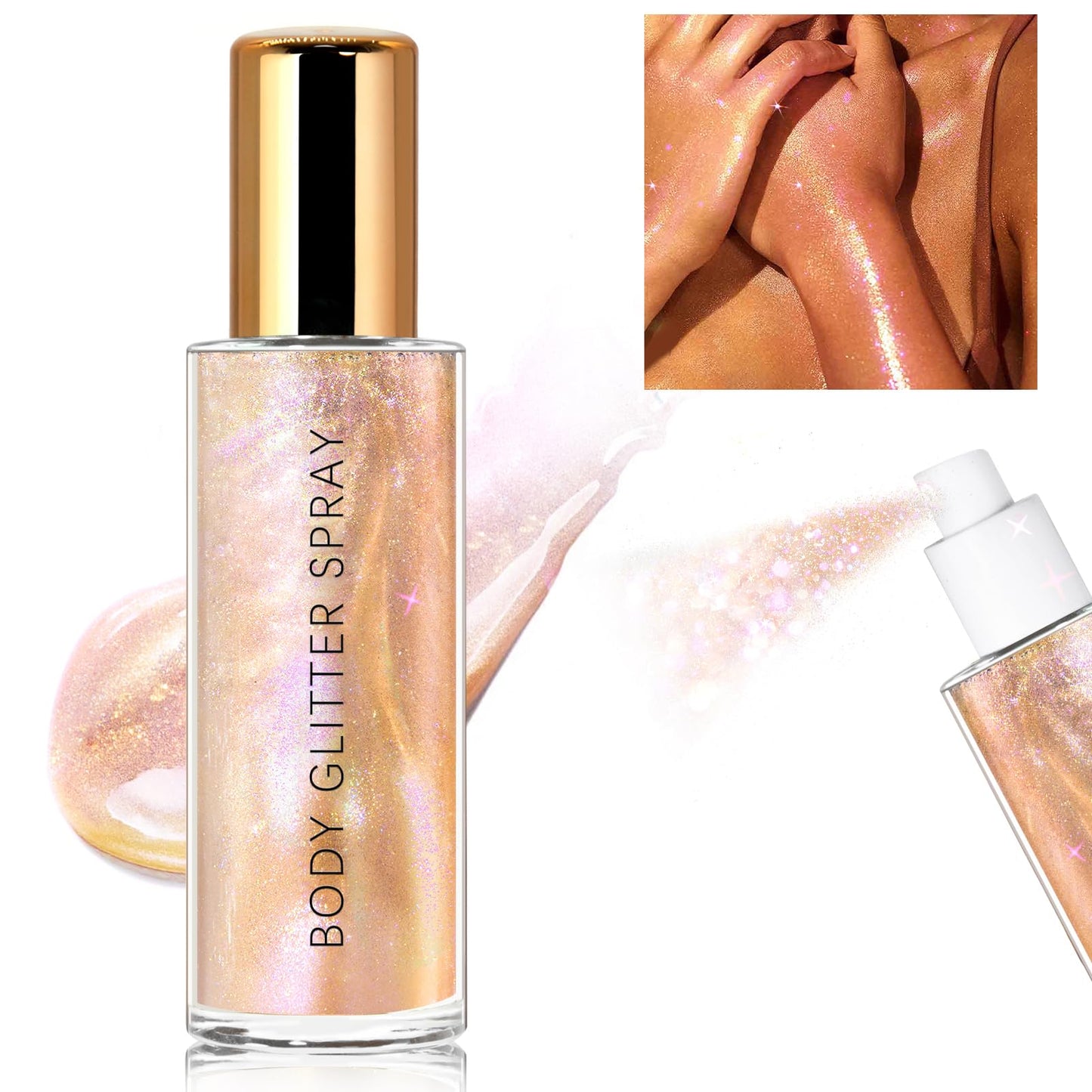 HOSAILY Body Glitter Spray, Moisturizing Bronze Body Shimmer Luminizer Glow Illuminator Quick-Drying and Non-Sticky Glitter Spray Liquid Highlighter Spray for Face Hair Body Glitter, 60ML -Rose Gold