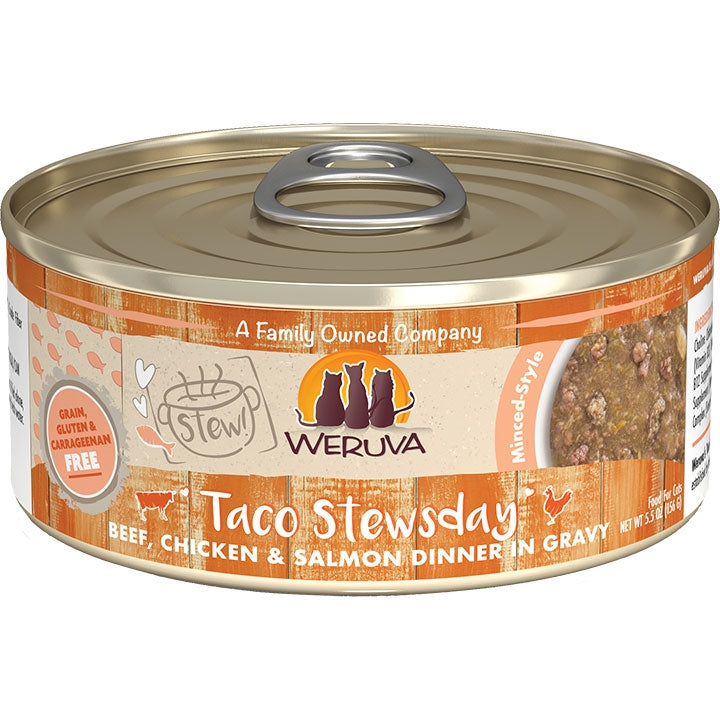 Weruva Cat Taco Stewsday Beef; Chicken and Salmon Dinner in Gravy 5.5oz (Case Of 8)