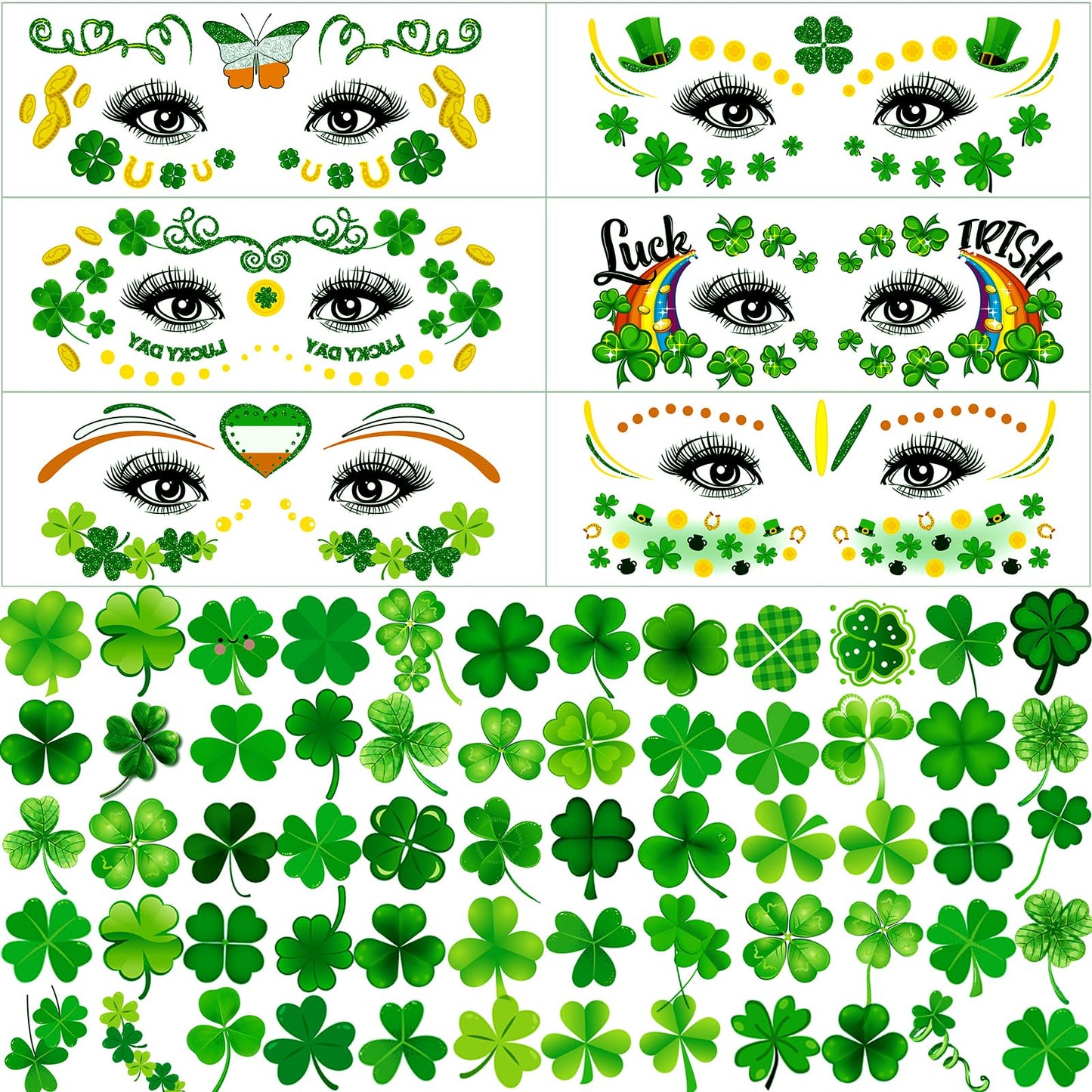 Hotoyannia 120+ PCS Glitter St Patrick's Day Face Tattoos Stickers, Two Sizes Glitter Body Jewelry Lucky Shamrock Clover Tattoos, St. Patrick's Day Accessories Temporary Tattoos for Irish Party