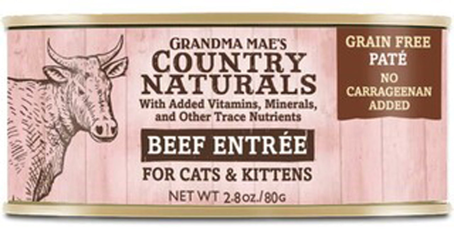 Grandma Maes Country Naturals Grain Free Beef Pates Cat and Kitten Wet Food 2.8 oz 24 Pack