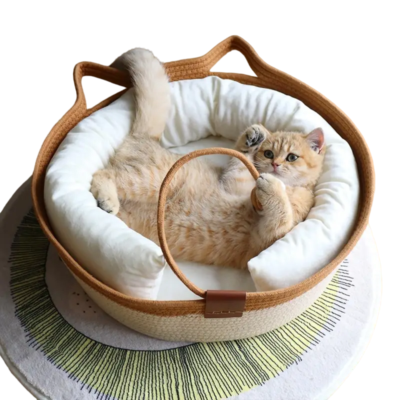 NNETM Cat Ear Shape Thickened Woven Cat Scratching Board Pet Bed - Khaki White