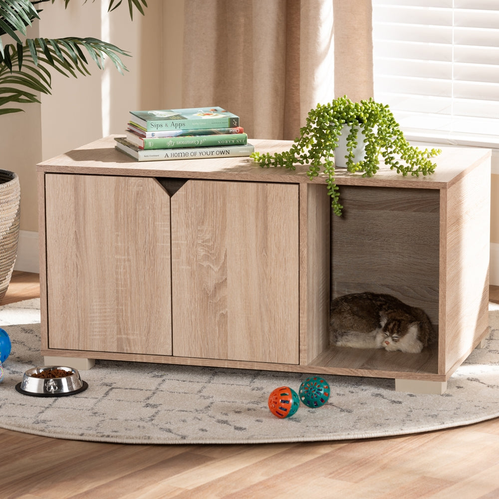 Baxton Studio Jasper Modern And Contemporary Oak Finished 2-Door Wood Cat Litter Box Cover House