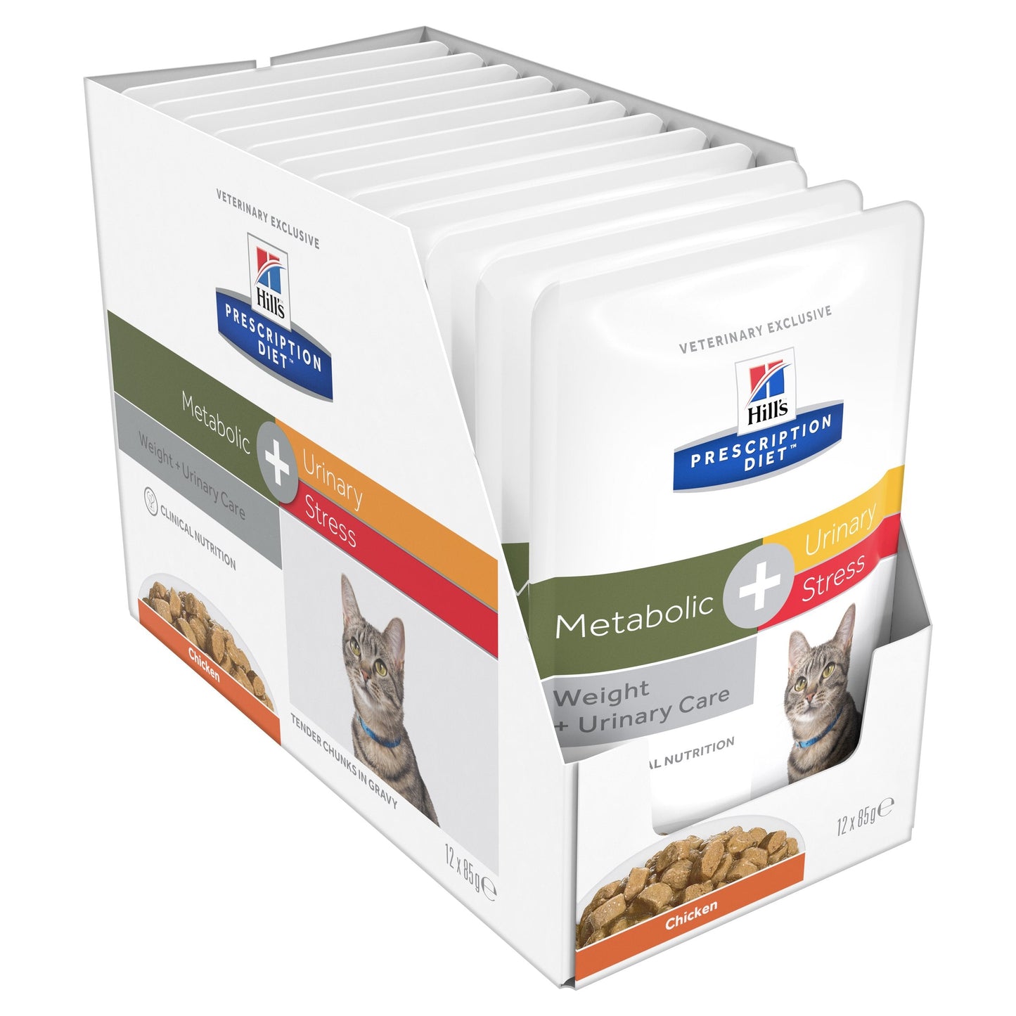 Hills Prescription Diet Cat Urinary Stress Weight and Urinary Care + Metabolic Chicken Wet Food Pouches 85g x 12