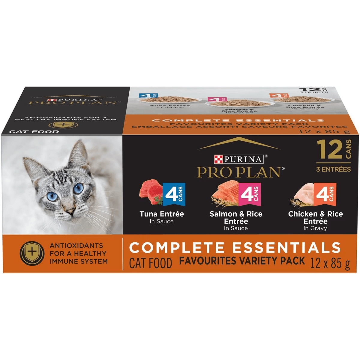Purina Pro Plan Complete Essentials Favourites Tuna Entree, Salmon & Rice Entree, Chicken & Rice Entree Variety Pack Wet Cat Food 12 Pack: 85g Canned Cat Food 12 Pack: 85g | PetMax Canada