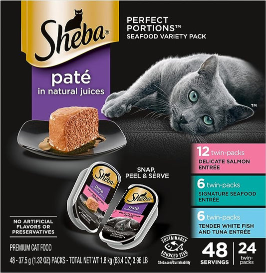 SHEBA PERFECT PORTIONS Paté Adult Wet Cat Food Trays (24 Count, 48 Servings), Signature Seafood Entrée, Easy Peel Twin-Pack Trays