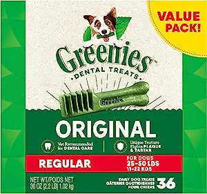 Greenies Original Regular Natural Dog Dental Care Chews Oral Health Dog Treats, 36 count (Pack of 1)