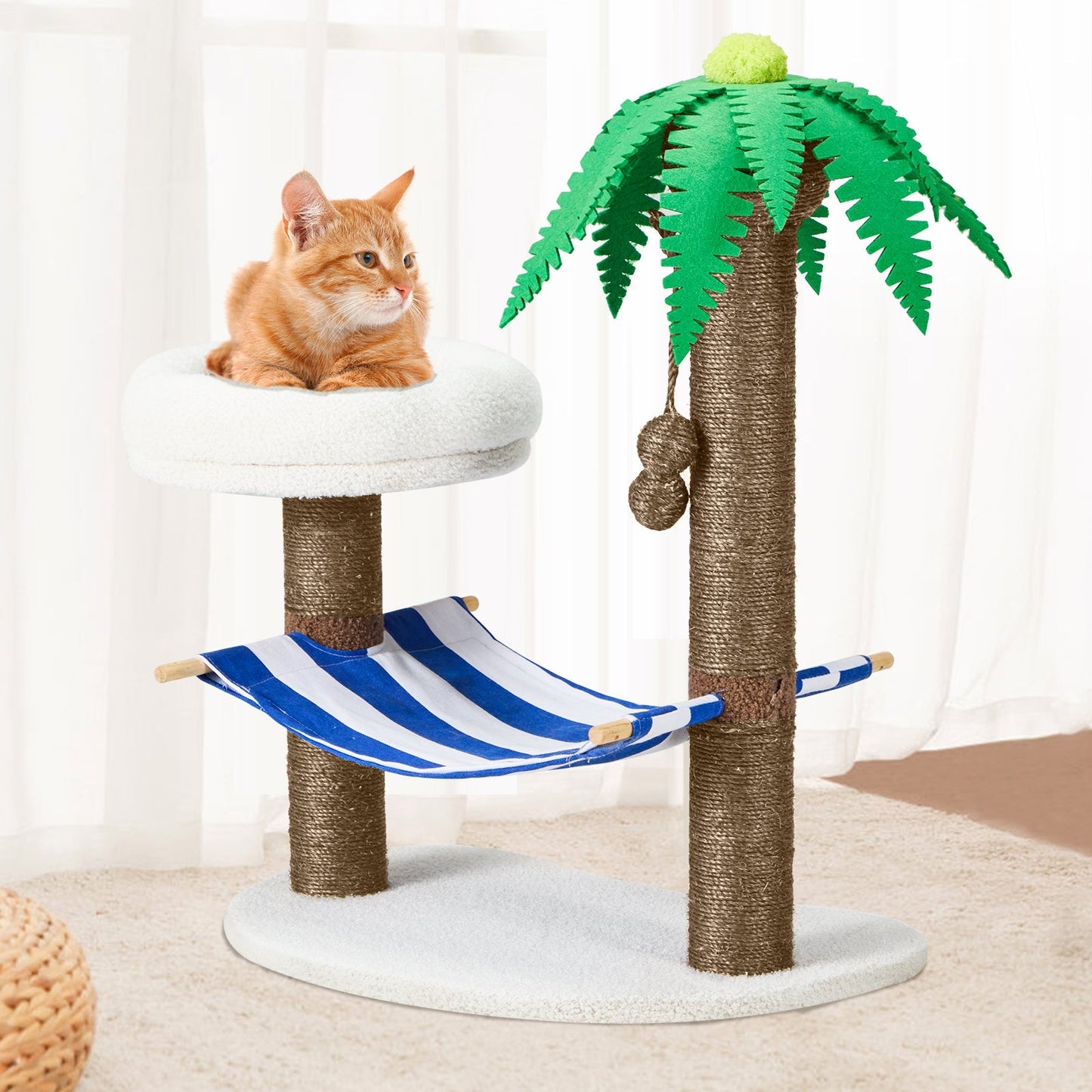 EROMMY Coconut Island Cat Tree with Nest and Hammock, 30" Cat Climbing Shelf, with Scratching Post, Light