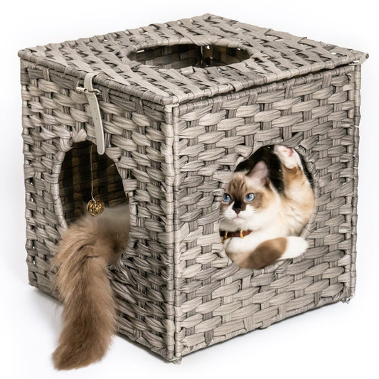 Rattan Cat Litter Bed 3 Holes with Rattan Ball and Cushion Grey