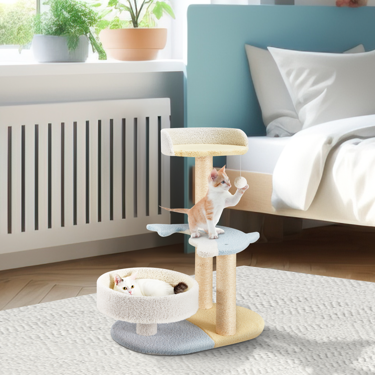 EROMMY Dolphin Cat Tree for Indoor Cats, 27" Cat Tower with Scratching Post, Multi-Level Plush Bed Perches