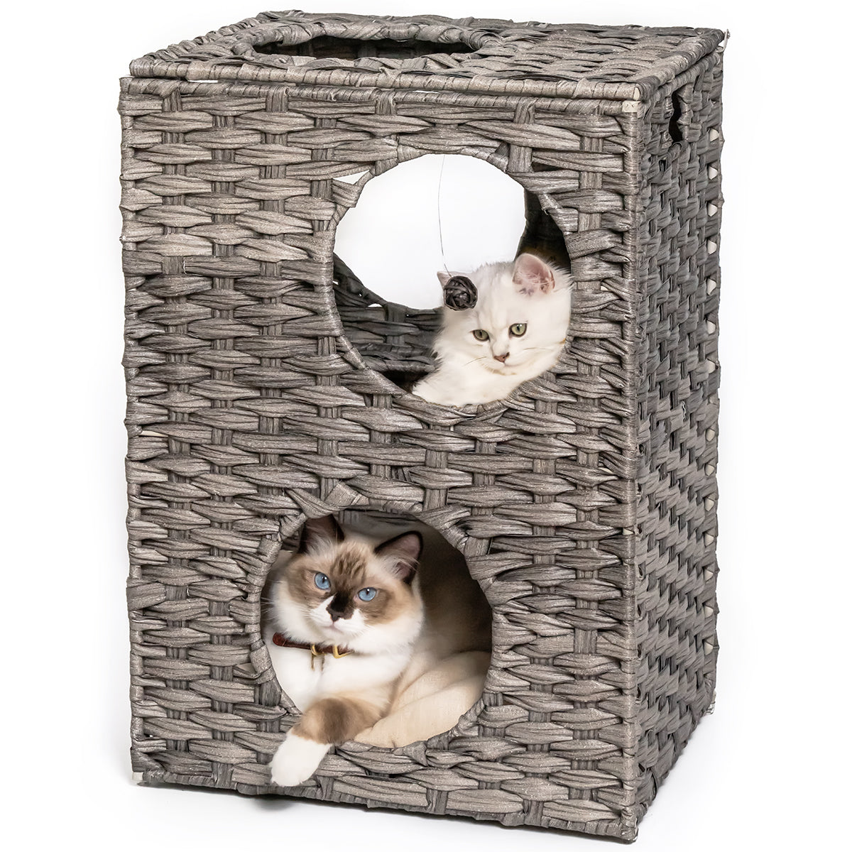 Rattan Cat Litter House Metal with Rattan Ball and Cushion Grey