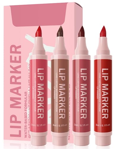 Lip Stain Marker Pen Set-4 Pcs Hydrating Lip Stain Liquid Lip Liner Pencil Kit, Matte Color Look, Longlasting Waterproof Smudgeproof Natural Finish,Precise Chisel Tip Smooth, Makeup Gift for Women