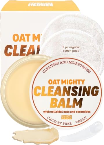 Handmade Heroes 100% Natural Oat Cleansing Balm Eye Makeup Remover with ceramides - Balm to Oil Cleanser Make Up Cleanser with 2 pc Organic Cotton Pad - Sensitive Skin and All Skin Types
