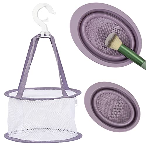 Makeup Brush Cleaning Bowl & Hanging Mesh Drying Basket Net, Collapsible Beauty Blender Drying Bag with Cover, Silicone Makeup Cleaning Bowl Brush Cleaner Pad