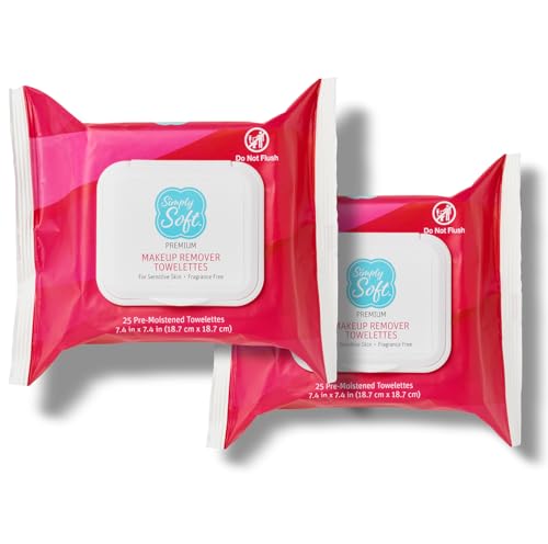 Simply Soft Makeup Remover Wipes, Premium Facial Cleansing Towelettes, Fragrance-Free, Hypoallergenic, pH Balanced, 25 ct. (2 Flip-top Packs)