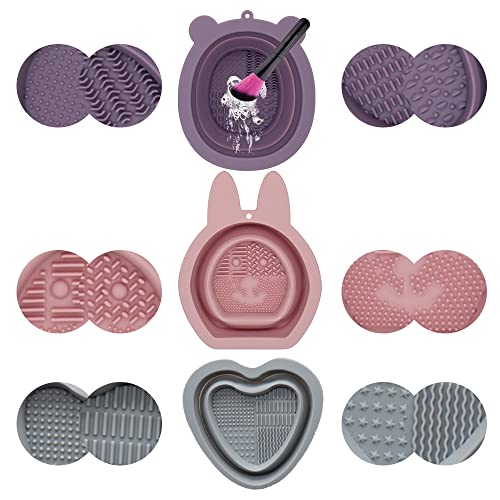 Sopfai Brush Cleaning Mat,Makeup Brush Cleaner Mat,for Makeup Brush,Powder Puff,Makeup Sponge,Deep Cleaning,Has Over Sawtooth Lines, Twelve Combined Cleaning Brush Ways（3 pack） (Brown+Pink+Grey)