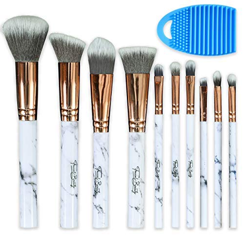 Facial Beauty 10pcs Marble Makeup Brush Set with Brush Cleaner Egg – Professional Cosmetic Blending Brushes for Foundation, Blush, Powder, Contour, Eyebrow, Eyeshadow & Eyeliner Application
