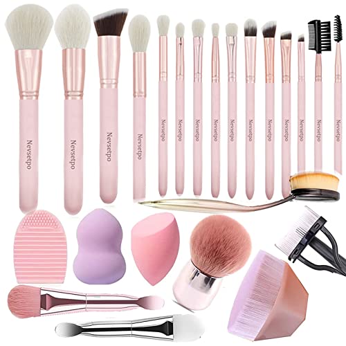 24PCS Deluxe Makeup Brushes All Natural Goat Hair Makeup Brushes|Quality Full Face Makeup Brush Sets & Kits |Oval Makeup Brush Flat Top Kabuki Foundations Brushes Pink