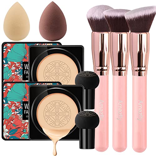 Amazfly 2 PCS Air Cushion CC Cream Mushroom Head Foundation, Moisturize BB Cream Makeup Long Lasting Matte Concealer Bright Makeup Base with Mushroom Makeup Sponge and Powder Brush (Natural)