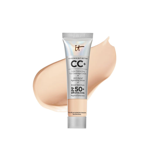 IT Cosmetics Your Skin But Better CC+ Cream Travel Size, Light (W) - Color Correcting Cream, Full-Coverage Foundation, Hydrating Serum & SPF 50+ Sunscreen - Natural Finish - 0.406 fl oz