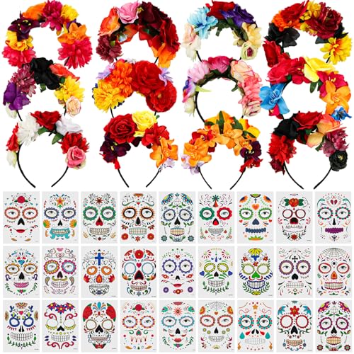 Yeaqee 39 Pcs Mexican Rose Flower Crown Headband and Day of the Dead Temporary Face Tattoos Sugar Skull Floral Face Stickers Tattoo Makeup for Women Men Adult Kids Halloween Cosplay Party Supplies