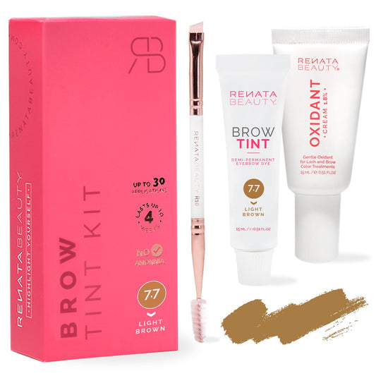 Renata Beauty Lash and Brow Tint Kit – Eyelash & Eyebrow Tint Set – Dye Kit with Color Tint, Cream Developer and Styling Brush – Long-Lasting Effect Up to 4 Weeks – 30 Applications [Light Brown]