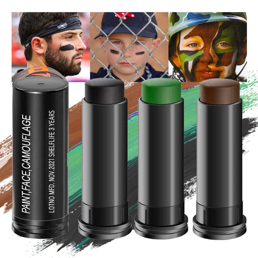 Kaely 3Pcs Face Paint Stick,Eye Black Baseball Football Softball Eyeblack Stick for Outdoor Sports,Black Brown Green Camo Face Body Paint Kit,Easy to Color,Halloween Birthday Party Clown Makeup Sets