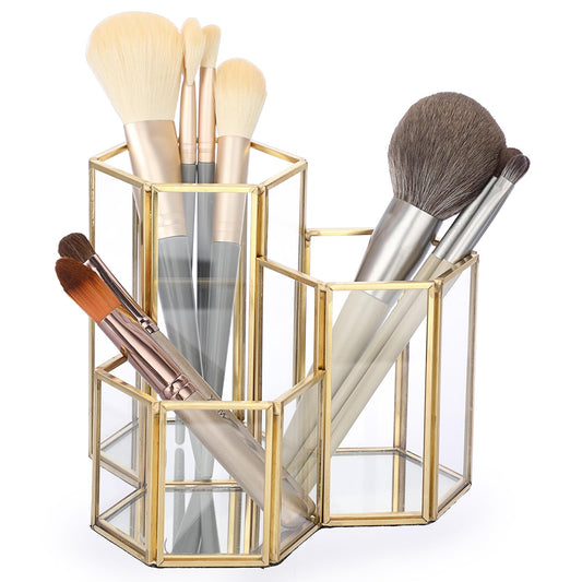 Hipiwe Glass Makeup Brush Holder 3 Slot Mirrored Gold Cosmetics Brush Organizer Eyeliners Display Case Vintage Decorative Makeup Storage Box Desktop Pen Pencil Pot, Large