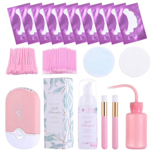 INENK Portable Lash Shampoo for Lash Extensions, Lash Extensions Cleaner Kit,USB Mini Portable Fan with Disposable Mascara Brush and Wash Bottle for Salon and Home