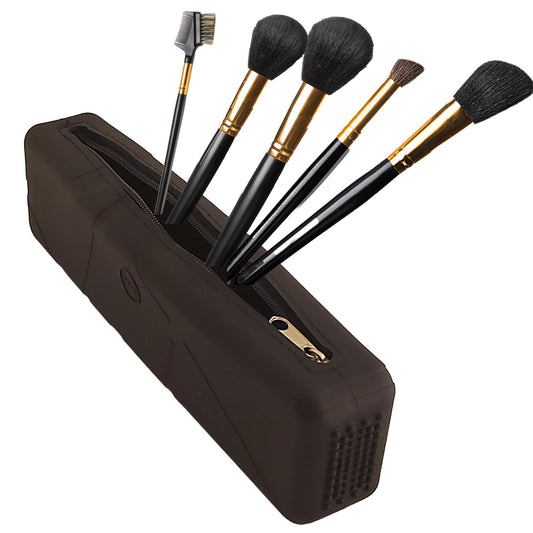 LYOB Travel Makeup Brush Holder Silicone Portable Nail & Art Brushes Holder Zipper Closure Sleek Makeup Tools Organizer for Purse Cosmetic Face Brushes Storage With Brush Cleaning Mat Area(Black)