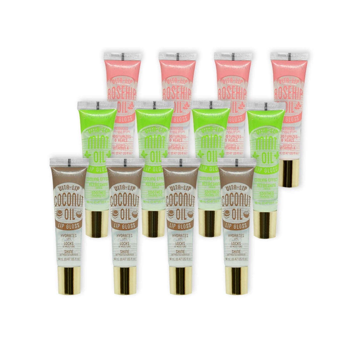KISS Broadway Clear Lip Gloss 0.47oz/14ml 12Pcs (Mint, Rosehip, Coconut Oil)