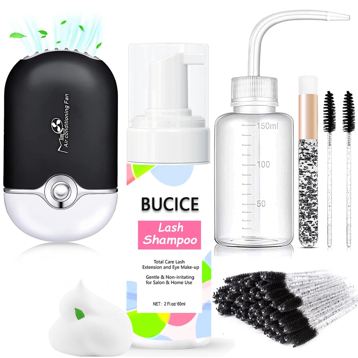 BUCICE Lash Shampoo for Lash Extensions - Eyelash Cleaning Kit with Lash Fan Dryer - Makeup Cleansing Foam for Lash Care, Black