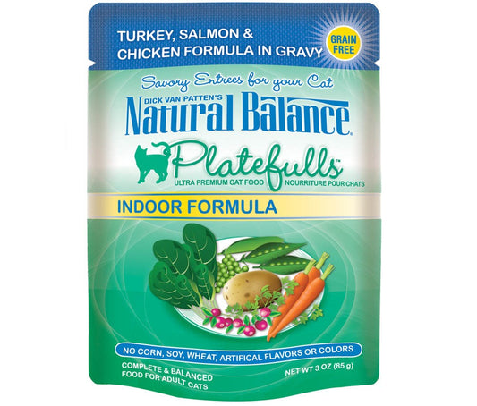 Natural Balance Pet Foods Platefulls Indoor Turkey Salmon and Chicken in Gravy Cat Wet Food 3 oz 24 Pack