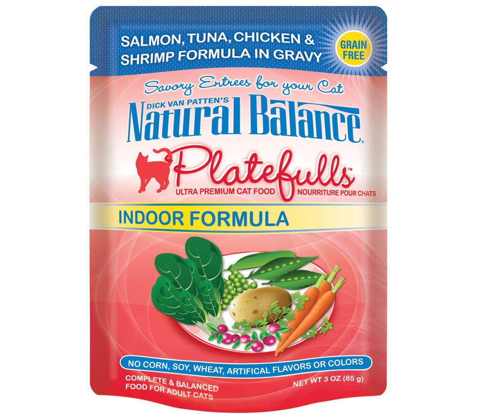 Natural Balance Pet Foods Platefulls Indoor Salmon Tuna Chicken and Shrimp in Gravy Cat Wet Food 3 oz 24 Pack