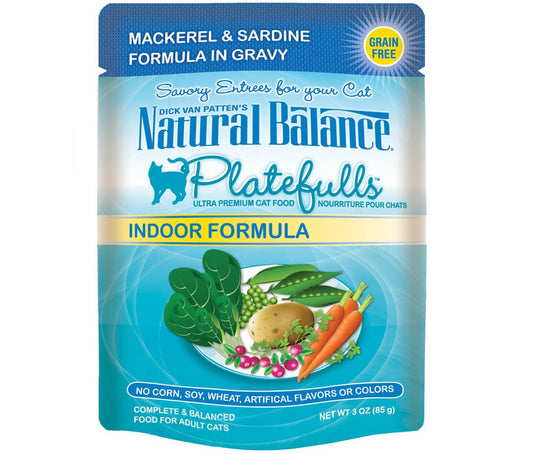 Natural Balance Pet Foods Platefulls Indoor Mackerel and Sardine Formula in Gravy Cat Wet Food 3 oz 24 Pack