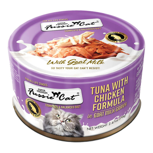 Fussie Cat Premium Tuna with Chicken in Goat milk Gravy 2.47oz.