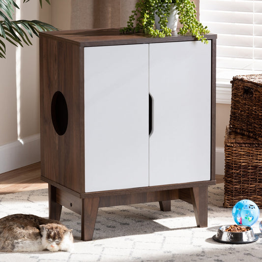 Baxton Studio Romy Mid-Century Modern Two-Tone Walnut Brown And White Finished 2-Door Wood Cat Litter Box Cover House