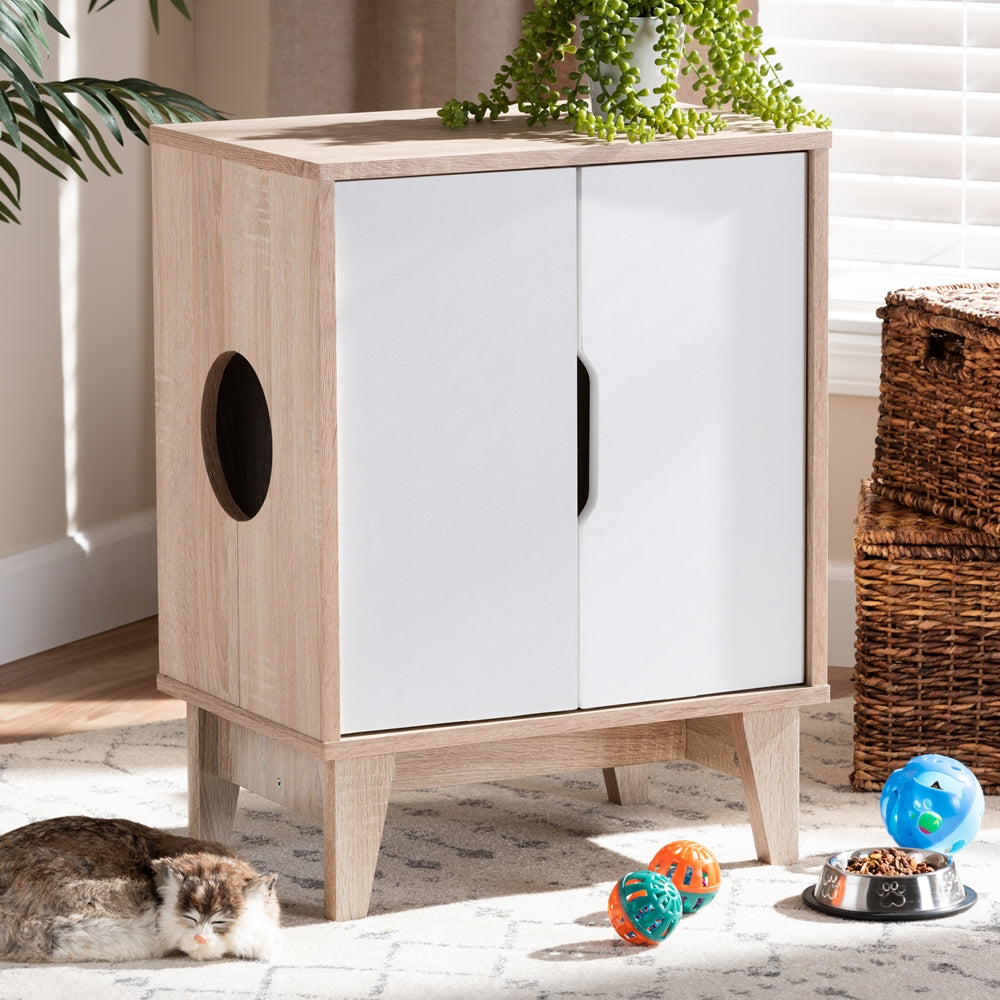 Baxton Studio Romy Mid-Century Modern Two-Tone Oak And White Finished 2-Door Wood Cat Litter Box Cover House