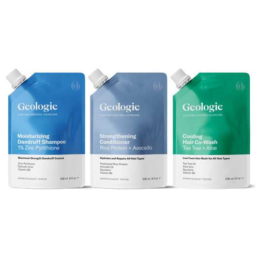 Three bottles of Geologie Anti-Dandruff Haircare Set, merchandised on Geologie.com, featuring shampoo, conditioner, and hair co-wash.